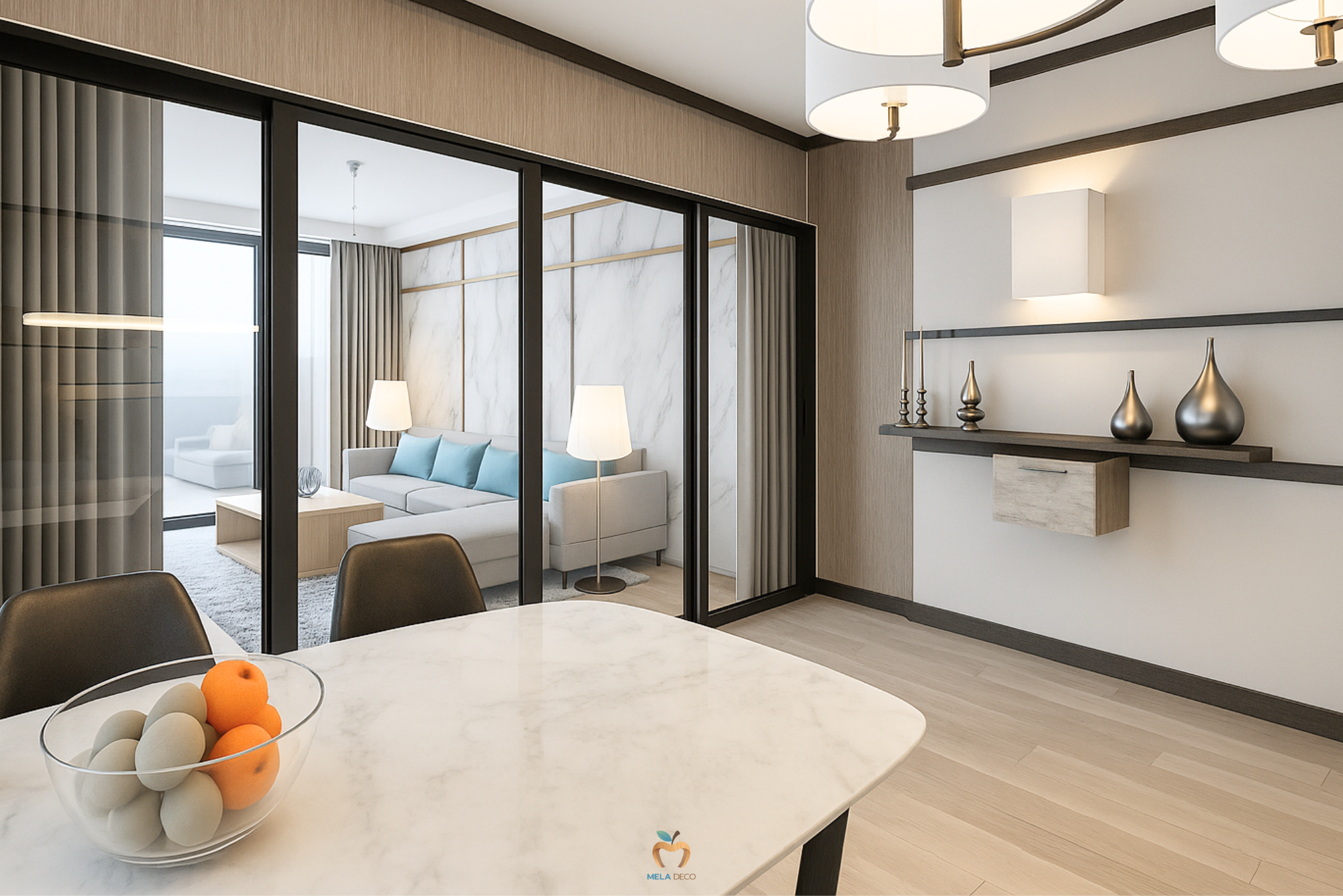 รีวิวการออกแบบ ตกแต่งภายในบิวท์อิน โครงการ The Rivera ห้องนั่งเล่น